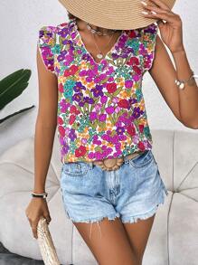 SHEIN VCAY Floral Print Tie Back Ruffle Trim Blouse - Multicolor - View 6