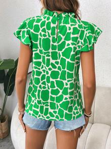 SHEIN LUNE Blusa con estampado de manga mariposa de cuello con fruncido - Verde - Ver 2