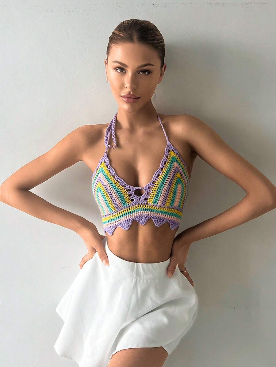 SHEIN Summer Colorful Striped Pattern Crochet Halter Cover Up Top - Multicolor - View 1