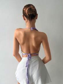 SHEIN Summer Colorful Striped Pattern Crochet Halter Cover Up Top - Multicolor - View 2