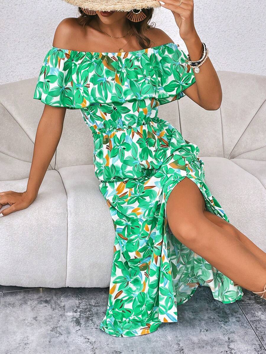 SHEIN VCAY Allover Print Off Shoulder Split Thigh Dress - Green - View 1