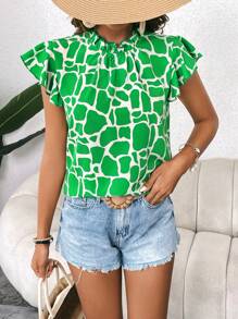 SHEIN LUNE Blusa con estampado de manga mariposa de cuello con fruncido - Verde - Ver 3