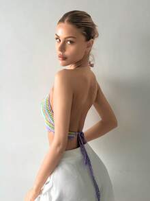 SHEIN Summer Colorful Striped Pattern Crochet Halter Cover Up Top - Multicolor - View 3