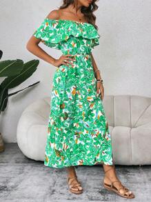 SHEIN VCAY Allover Print Off Shoulder Split Thigh Dress - Green - View 3