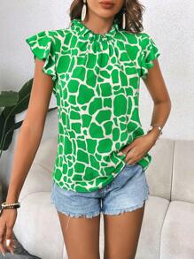 SHEIN LUNE Blusa con estampado de manga mariposa de cuello con fruncido - Verde - Ver 5