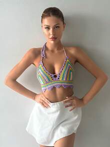 SHEIN Summer Colorful Striped Pattern Crochet Halter Cover Up Top - Multicolor - View 5