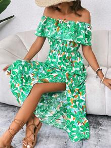 SHEIN VCAY Allover Print Off Shoulder Split Thigh Dress - Green - View 4