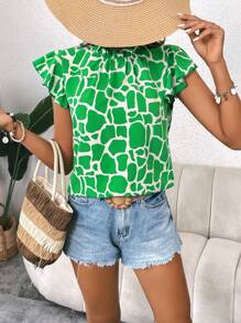 SHEIN LUNE Blusa con estampado de manga mariposa de cuello con fruncido - Verde - Ver 6