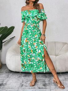 SHEIN VCAY Allover Print Off Shoulder Split Thigh Dress - Green - View 5