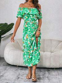 SHEIN VCAY Allover Print Off Shoulder Split Thigh Dress - Green - View 6