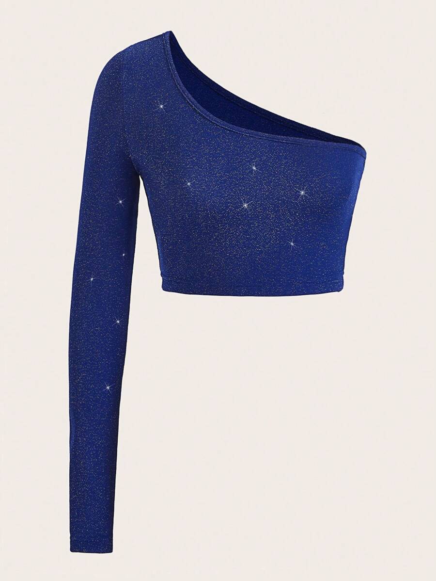 SHEIN ICON 單肩短款T恤 - 寶藍色 - 查看 1