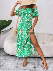 SHEIN VCAY Allover Print Off Shoulder Split Thigh Dress - Green - View 7