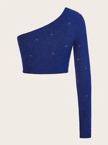 SHEIN ICON 單肩短款T恤 - 寶藍色 - 查看 2