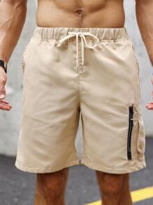 Manfinity Homme Quần Short Nam Dây kéo Túi màu trơn Giải trí - Màu Khaki - Xem 3