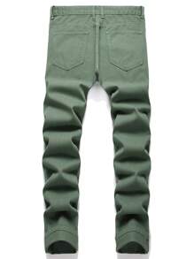 男士棉破洞抽鬚緊身牛仔褲 - 軍綠色 - 查看 2