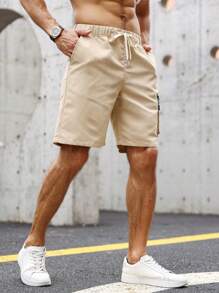 Manfinity Homme Quần Short Nam Dây kéo Túi màu trơn Giải trí - Màu Khaki - Xem 4