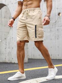 Manfinity Homme Quần Short Nam Dây kéo Túi màu trơn Giải trí - Màu Khaki - Xem 5