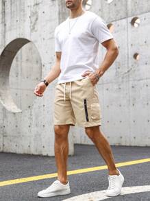Manfinity Homme Quần Short Nam Dây kéo Túi màu trơn Giải trí - Màu Khaki - Xem 7