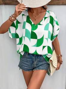 SHEIN LUNE Geo Print Batwing Sleeve Blouse - Green - View 1