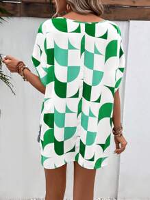 SHEIN LUNE Geo Print Batwing Sleeve Blouse - Green - View 2