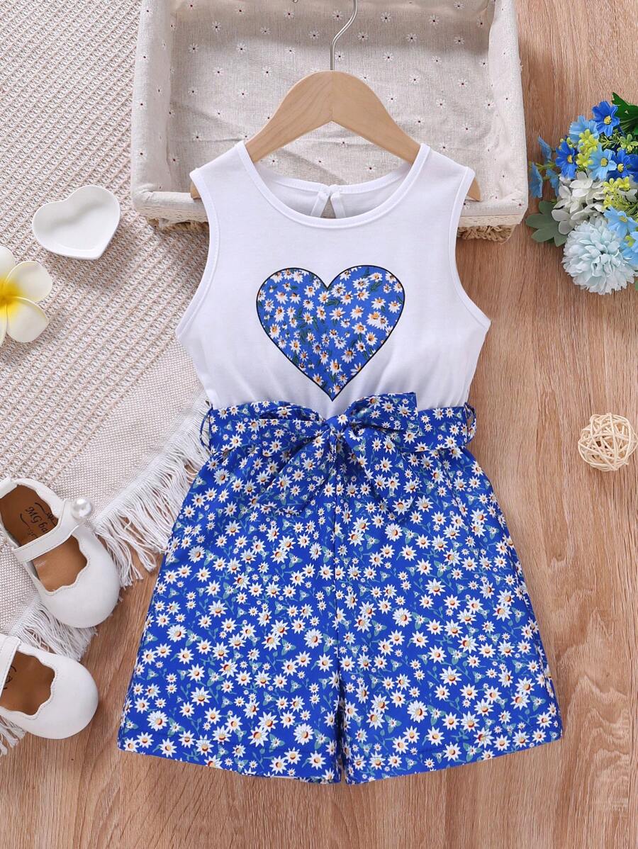 SHEIN Cô Gái Trẻ Hoa Lộn xộn & In Trái tim Thắt lưng Áo Tank Romper - Xanh và trắng - Xem 1