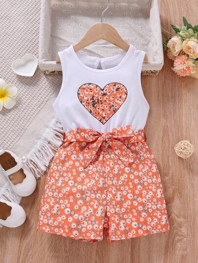 SHEIN Vintaside Kids Young Girl Ditsy Floral & Heart Print Belted Tank Romper Summer Holiday