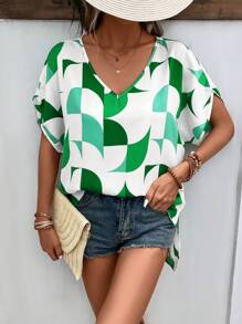 SHEIN LUNE Geo Print Batwing Sleeve Blouse - Green - View 4