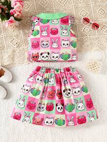 Bộ thời trang bé gái Xù Nút phía trước Nơ Bướm Tương phản ren Hoạt hình Dễ thương - Nhiều màu - Xem 2