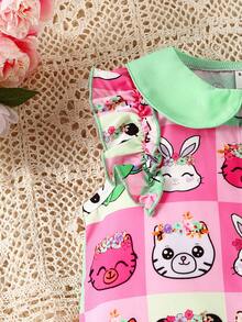 Bộ thời trang bé gái Xù Nút phía trước Nơ Bướm Tương phản ren Hoạt hình Dễ thương - Nhiều màu - Xem 5