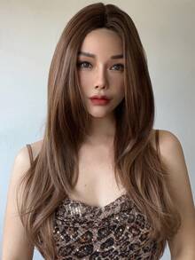 化學纖維T形蕾絲棕色的漸變直發女性假髮