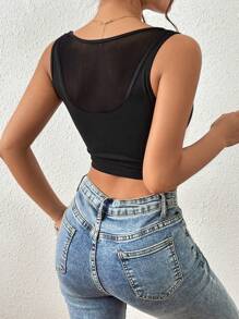 Firerie Summer Contrast Mesh Crop Black Tank Top - Black - View 2