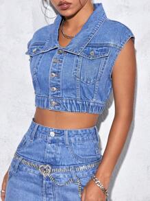 SHEIN EZwear Áo khoác & áo khoác denim nữ Túi Nút phía trước màu trơn Giải trí - Rửa trung bình - Xem 3