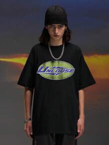 Hombres Camiseta de hombros caídos con estampado de letra - Negro - Ver 1