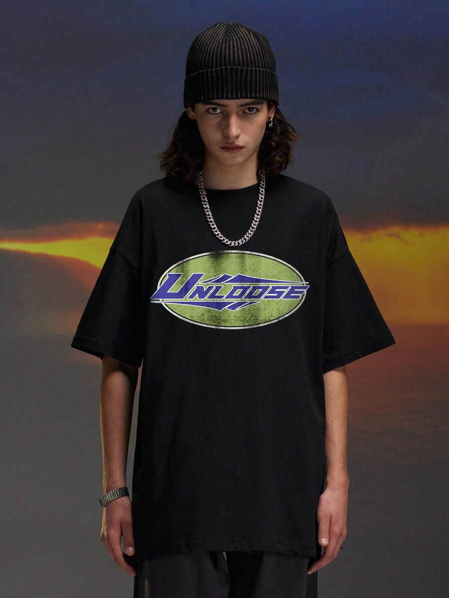 Hombres Camiseta de hombros caídos con estampado de letra - Negro - Ver 1