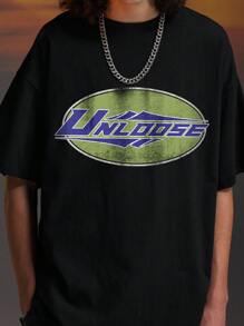 Hombres Camiseta de hombros caídos con estampado de letra - Negro - Ver 6