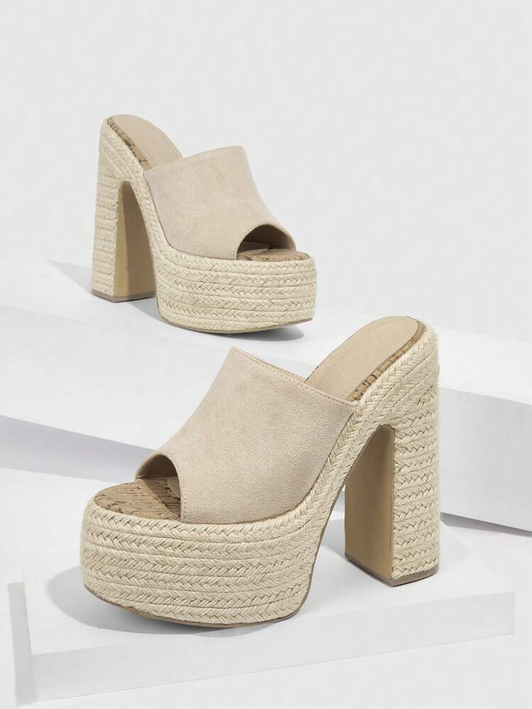 Faux Suede Chunky Heeled Mule Sandals - Apricot - View 5