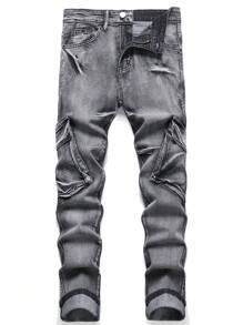 口袋 拉鍊 破洞純色男士牛仔褲 - 黑色 - 查看 1