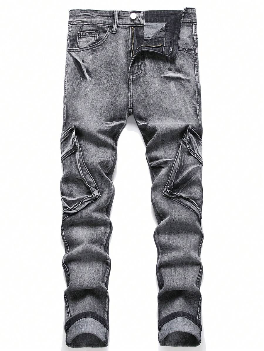 口袋 拉鍊 破洞純色男士牛仔褲 - 黑色 - 查看 1