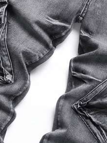 口袋 拉鍊 破洞純色男士牛仔褲 - 黑色 - 查看 4