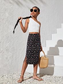 SHEIN 女孩碎花開衩短裙 - 彩色 - 查看 4