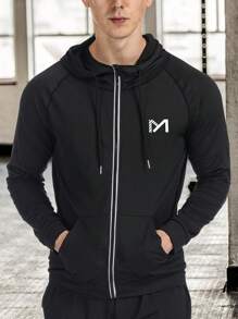 Men Letter Graphic Raglan Sleeve Drawstring Hooded Sports Jacket Gym Clothes Men - Black - View 1