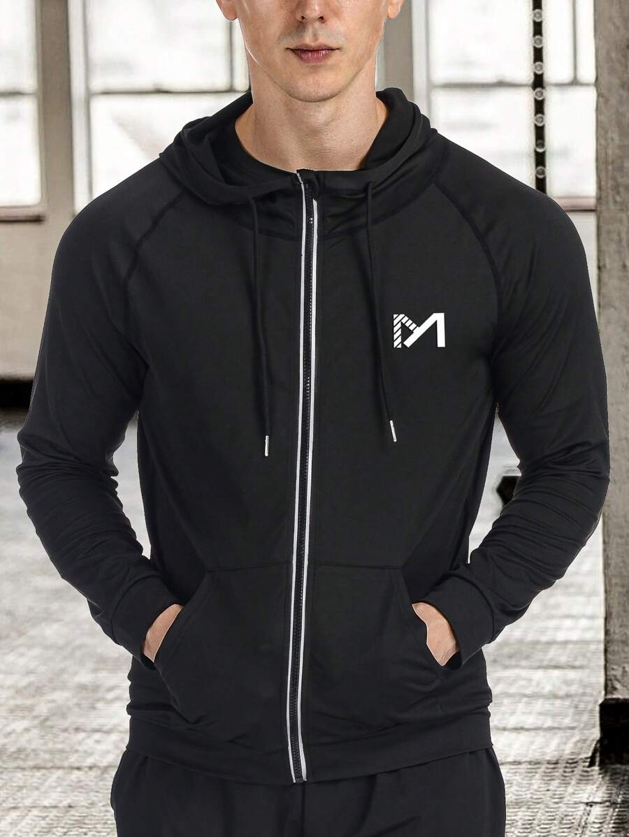 Men Letter Graphic Raglan Sleeve Drawstring Hooded Sports Jacket Gym Clothes Men - Black - View 1