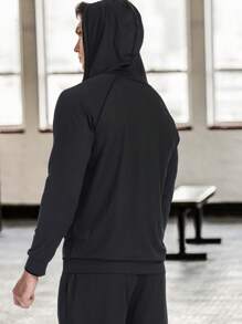 Men Letter Graphic Raglan Sleeve Drawstring Hooded Sports Jacket Gym Clothes Men - Black - View 2