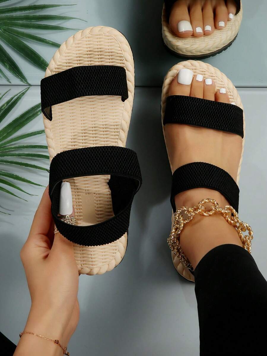 Xăng-đan đế phẳng Espadrille dành cho nữ, Xăng-đan dây đeo mắt cá chân bằng vải màu đen dành cho kỳ nghỉ - màu đen - Xem 1