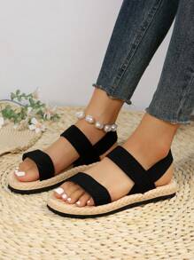 Xăng-đan đế phẳng Espadrille dành cho nữ, Xăng-đan dây đeo mắt cá chân bằng vải màu đen dành cho kỳ nghỉ - màu đen - Xem 2