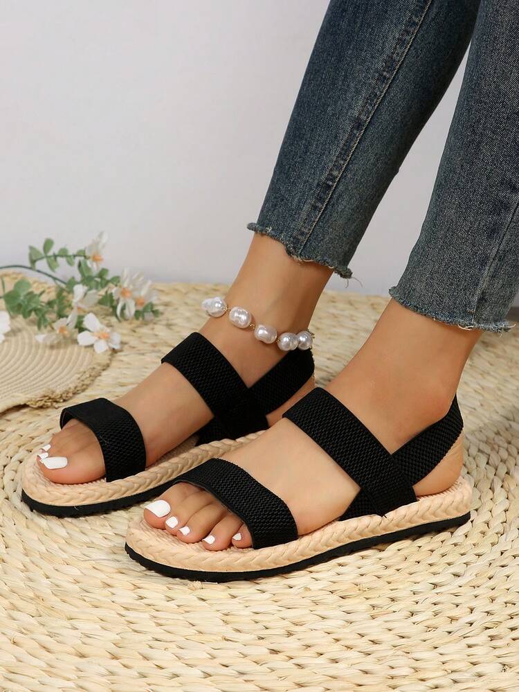 Women Espadrille Sole Flat Sandals, Vacation Black Fabric Ankle Strap Sandals