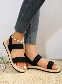 Xăng-đan đế phẳng Espadrille dành cho nữ, Xăng-đan dây đeo mắt cá chân bằng vải màu đen dành cho kỳ nghỉ - màu đen - Xem 3