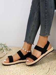 Xăng-đan đế phẳng Espadrille dành cho nữ, Xăng-đan dây đeo mắt cá chân bằng vải màu đen dành cho kỳ nghỉ - màu đen - Xem 4