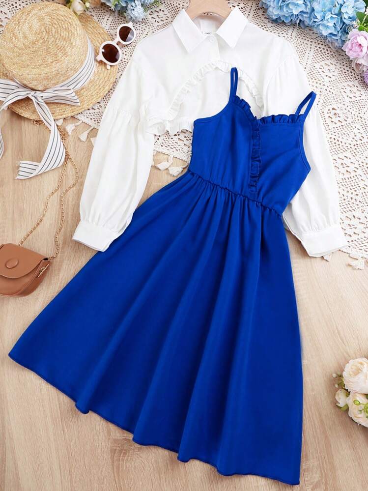 SHEIN Chicas Set Vestido de tirantes ribete fruncido & Blusa irregular - Azul y blanco - Añade 1
