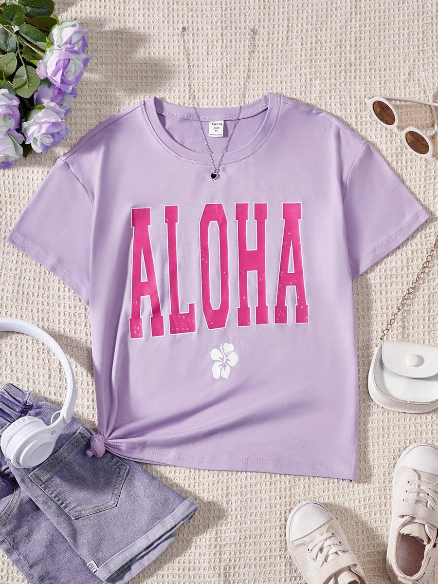 SHEIN Girls Floral & Letter Graphic Tee - Mauve Purple - View 1